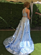 2 Pieces Blue Formal Dresses High Neck Satin Evening Dress Flowers