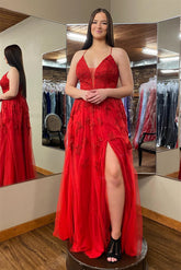 2025 Long Red Floral Prom Dresses Cheap Plunging V Neck Appliques - MyChicDress