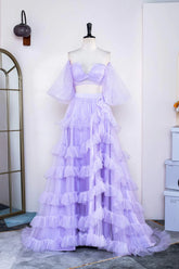 2 Piece Lavender Prom Dress Tulle Off the shoulder with Ruffles Mychicdress