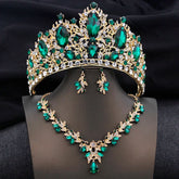 3PCS Green Crystal Crown Bridal Jewelry Sets Wedding Tiaras Set for Women