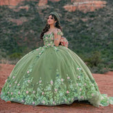 3D Handmade Floral Quinceanera Dress Sage Green Vestidos De XV Anos