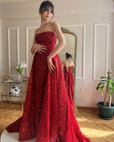 A Line Strapless Red Sequin Prom Dress Long Evneing Gown UK