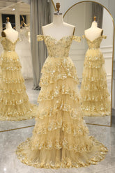 A-Line Sequin Lace Tiered Gold Prom Dress Off The Shoulder - MyChicDress