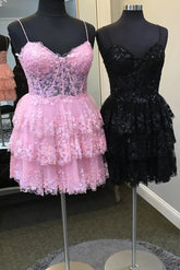 A-line Short Homecoming Dress Pink Ruffle Straps Appliques