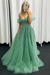 A-line Floral Sage Green Formal Dress Embroidery Strapless - MyChicDress