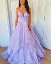 A-line Organza Tiered Lilac Prom Formal Dresses Sweetheart Sleeveless - MyChicDress
