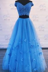 A Line 2 Piece Blue Prom Dresses Off-the-shoulder Long Formal Gown - MyChicDress