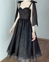 A Line Black Sparkly Midi Homecoming Dress Tulle Bow Straps - MyChicDress