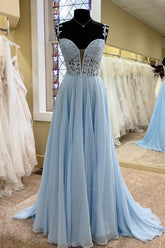 A Line Lace Long Formal Dresses Blue Prom Dress Bodice Beaded - MyChicDress