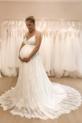 A Line Maternity Wedding Dresses UK Lace High Waist Spaghetti Straps - MyChicDress