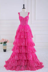 Ball Gown Corset Layered Fuchsia Prom Dresses Sweetheart Sequin - MyChicDress
