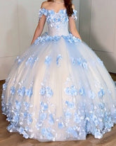 Ball Gown Sweet 16 Dress Light Blue Flowers Off The Shoulder Quinceanera Dresses - MyChicDress