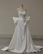 Beach Silk Satin A Line Wedding Dress Strapless with Big Bow