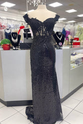 Vestido de fiesta de encaje negro con apliques y lentejuelas, vestido formal largo estilo sirena