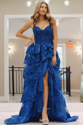 Blue Ruffle Tiered Prom Dresses Tulle Sequin Sweetheart Long Formal Gown - MyChicDress