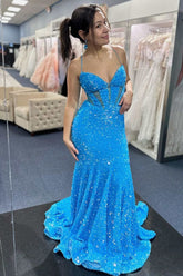 Blue Iridescent Sequin Prom Dress Straps Mermaid Long - MyChicDress