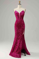 Custom Made Fuchsia Sequins Magenta Prom Dresses Strapless with Slit - MyChicDress