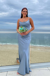 Cheap Satin Dusty Blue Wedding Guest Dress Long Formal Dress Cowl Neck - MyChicDress