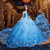 Vestidos de quinceañera azules económicos con cuentas y hombros descubiertos con flores 3D