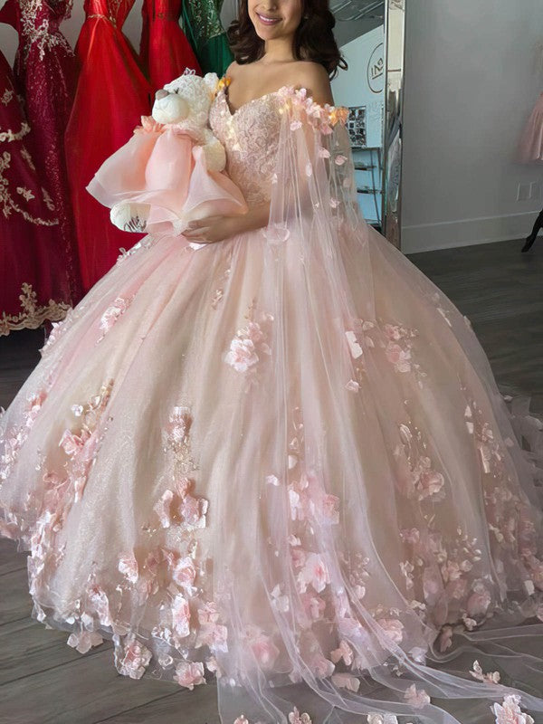 Vestido de fiesta floral para quinceañeras, con perlas, color rosa y c