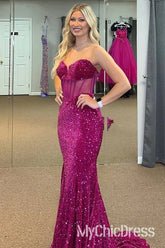 Fuchsia Sequins Strapless Prom Dress Corset Mermaid Sweetheart Mychicdress
