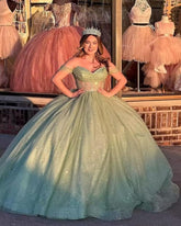 Off the shoulder Glitter Sage Green Quince Dresses Beaded with Bow - MyChicDress