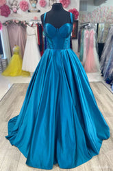 Hot Blue Satin Long Formal Gown Sweetheart Cheap 2024 Prom Dress A Line - MyChicDress