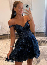 Hot Navy Blue Tulle Sequin Prom Dress Short Sheer Corset Bodice - MyChicDress