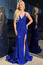 Hot V Neck Royal Blue Prom Dresses Sequin Mermaid - MyChicDress
