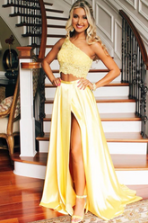 Lace Yellow 2 Piece Prom Dresses One Shoulder with Slit - MyChicDress