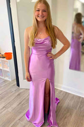 Lilac Long Evening Dress Sleeveless Cowl Neck Satin Prom Dress - MyChicDress