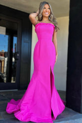 Long Strapless Fuchsia Formal Dress Satin Mermaid with Slit