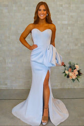 Long Ice Blue Formal Dress Satin Sweetheart Mermaid with Bow - MyChicDress