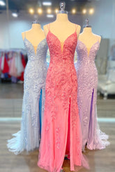 Long Lace Cheap Formal Dress Straps Appliques Mermaid Lace Up Back - MyChicDress