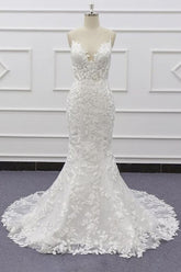 Long Mermaid Lace Beach Wedding Dress Appliques Spaghetti Strap - MyChicDress