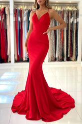 Long Red Prom Dresses Mermaid V-Neck Evening Dress Spaghetti Strap - MyChicDress