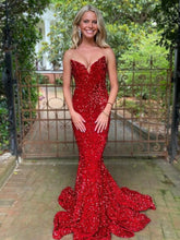 Long Red Sequins Prom Dresses Mermaid Strapless Formal Dress - MyChicDress