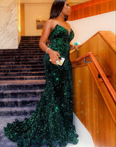 Long Sequin Prom Dress Dark Green Mermaid Formal Dresses Black Women - MyChicDress