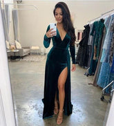 Long Sleeves Hunter Velvet Formal Dress for Wedding Guests Split - MyChicDress