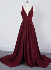 Long Straps V Neck Burgundy Beach Wedding Guest Dress High Slit - MyChicDress