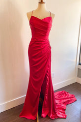Mermaid Long Red Formal Dresses Ruched Satin for Wedding Guests - MyChicDress