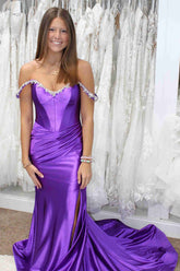 Mermaid Beaded Off the Shoulder Purple Prom Formal Dress with Slit Mychicdress