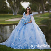 Mexican Sky Blue Quinceanera Dresses 3D Flower Appliques With Cape - MyChicDress