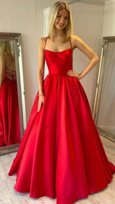 Modest Red Satin A Line Prom Dress Simple Backless Long Formal Dress - MyChicDress