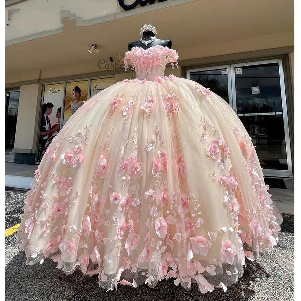 Nuevo vestido de quinceañera rosa de encaje 2025 con hombros descubier