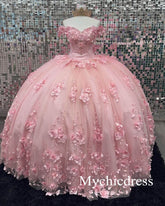 Off Shoulder Corset Pink Quinceanera Dresses 3D Flowers Appliques - MyChicDress