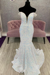 Off the Shoulder White Iridescent Sequin Long Prom Dress Mermaid Formal Dress - MyChicDress