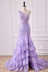 One Shoulder Sequin Violet Purple Prom Dress Tiered Ruffle Mermaid Appliqeus - MyChicDress