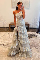 One Shoulder Sequin Silver Tiered Long Formal Dress - MyChicDress