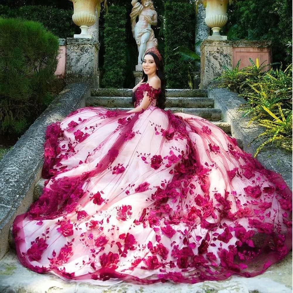Vestido De Quinceañera De Encaje Rojo Con Hombros Descubiertos Vestido